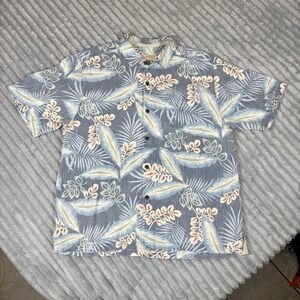 Tommy Bahama Floral Hawaiian Slate Blue Pocket Men's Camp Shirt 100%Silk Size XL